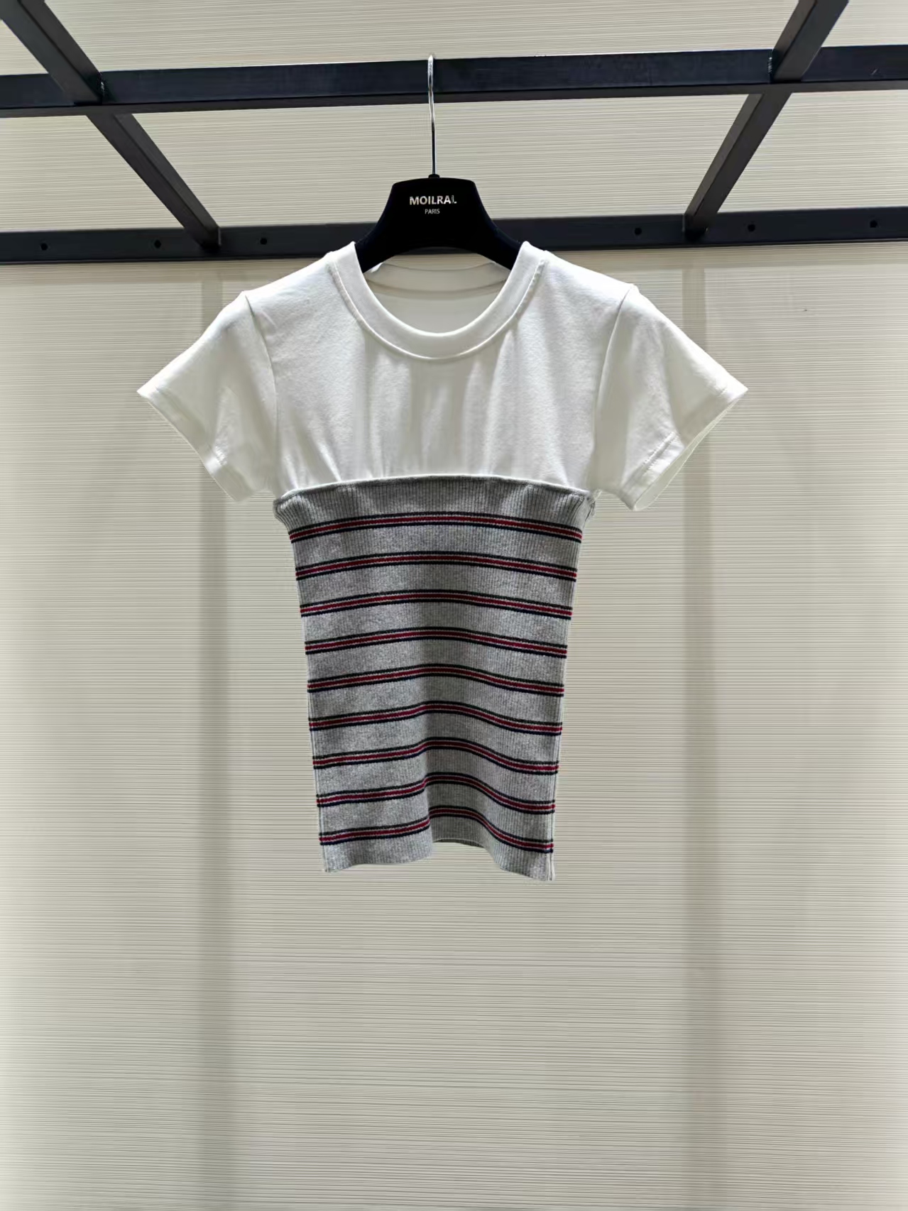 MO夏季新款圆领拼接条纹休闲百搭短袖T恤