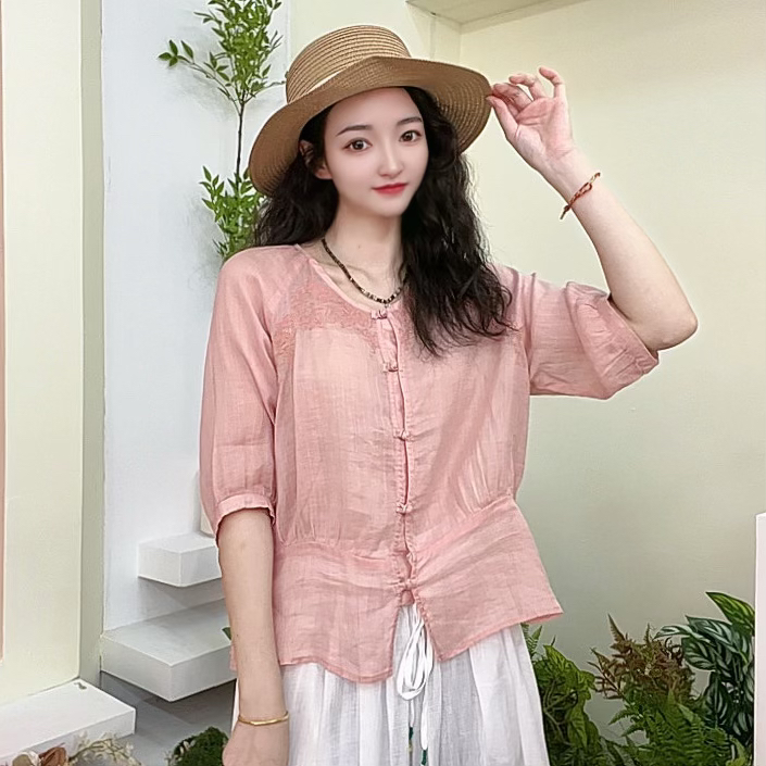 苎麻圆领刺绣衬衫女夏季新款洋气减龄百搭国风中式薄上衣