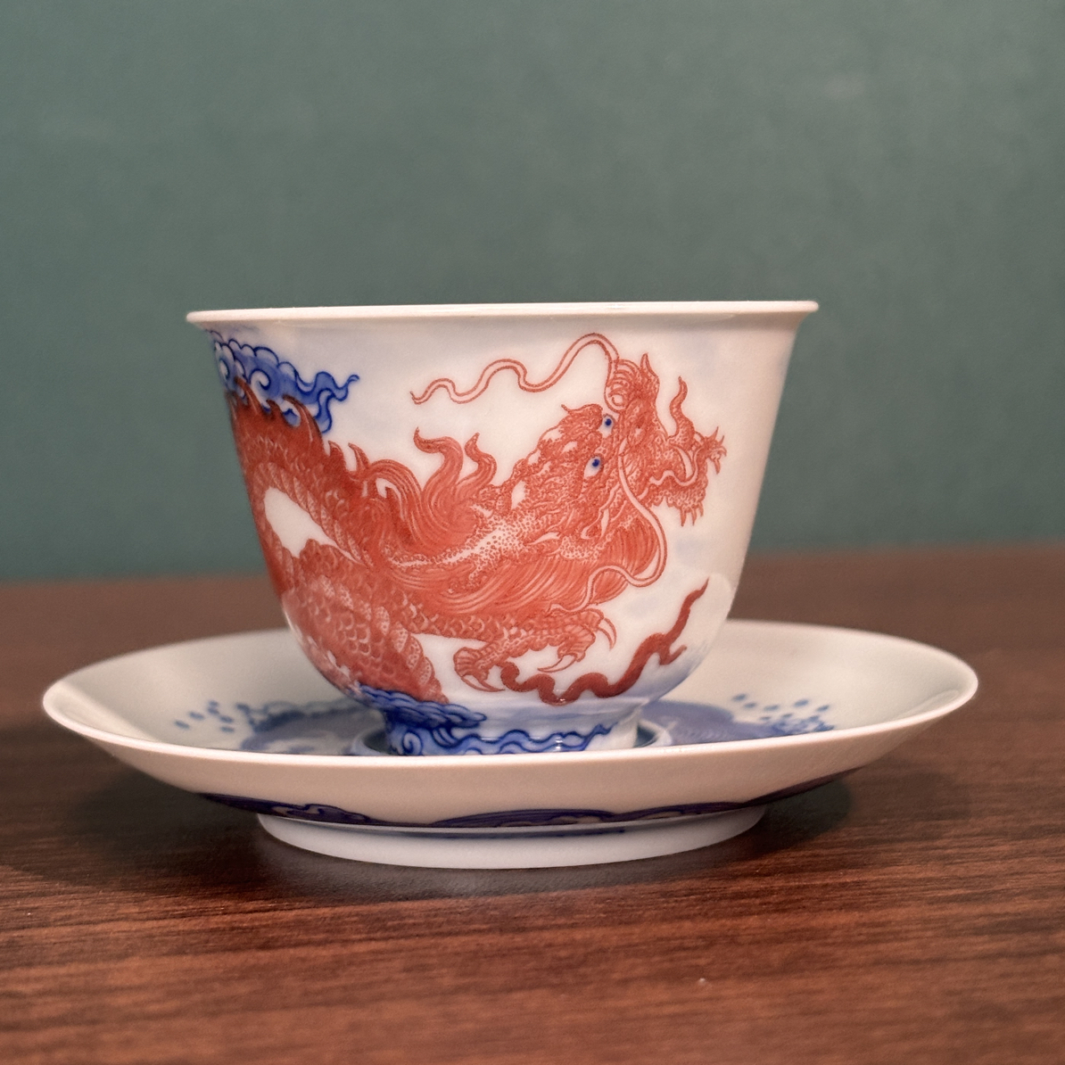 自成堂柴窑青花釉里红单龙岩茶小杯一杯一碟