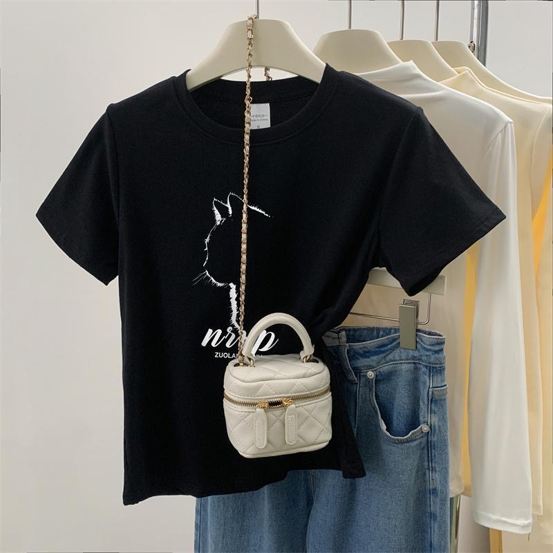 夏季新款正肩短袖t恤女装韩版洋气圆领设计感胖mm休闲百搭上衣