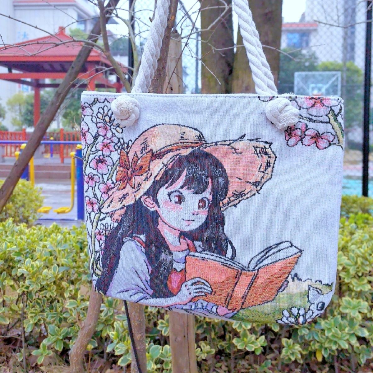 双面金丝提花绣单肩包通勤包帆布包饭盒外出双面刺绣高颜值手拎包