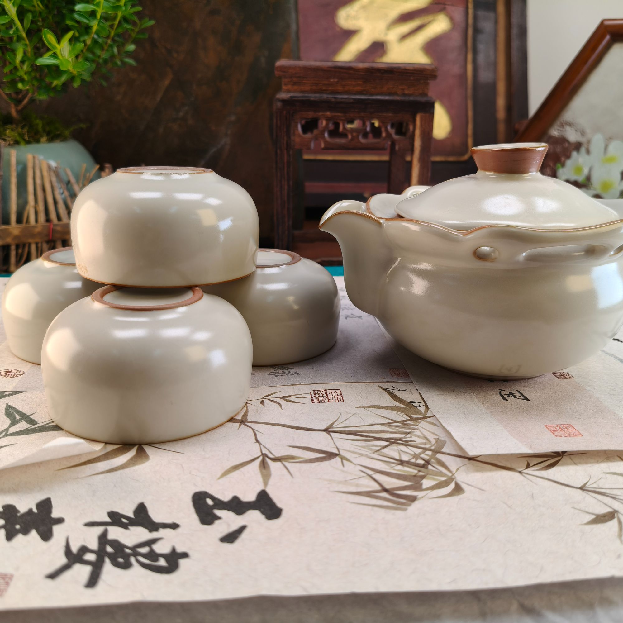 汝窑手抓壶+4杯-8972-0104