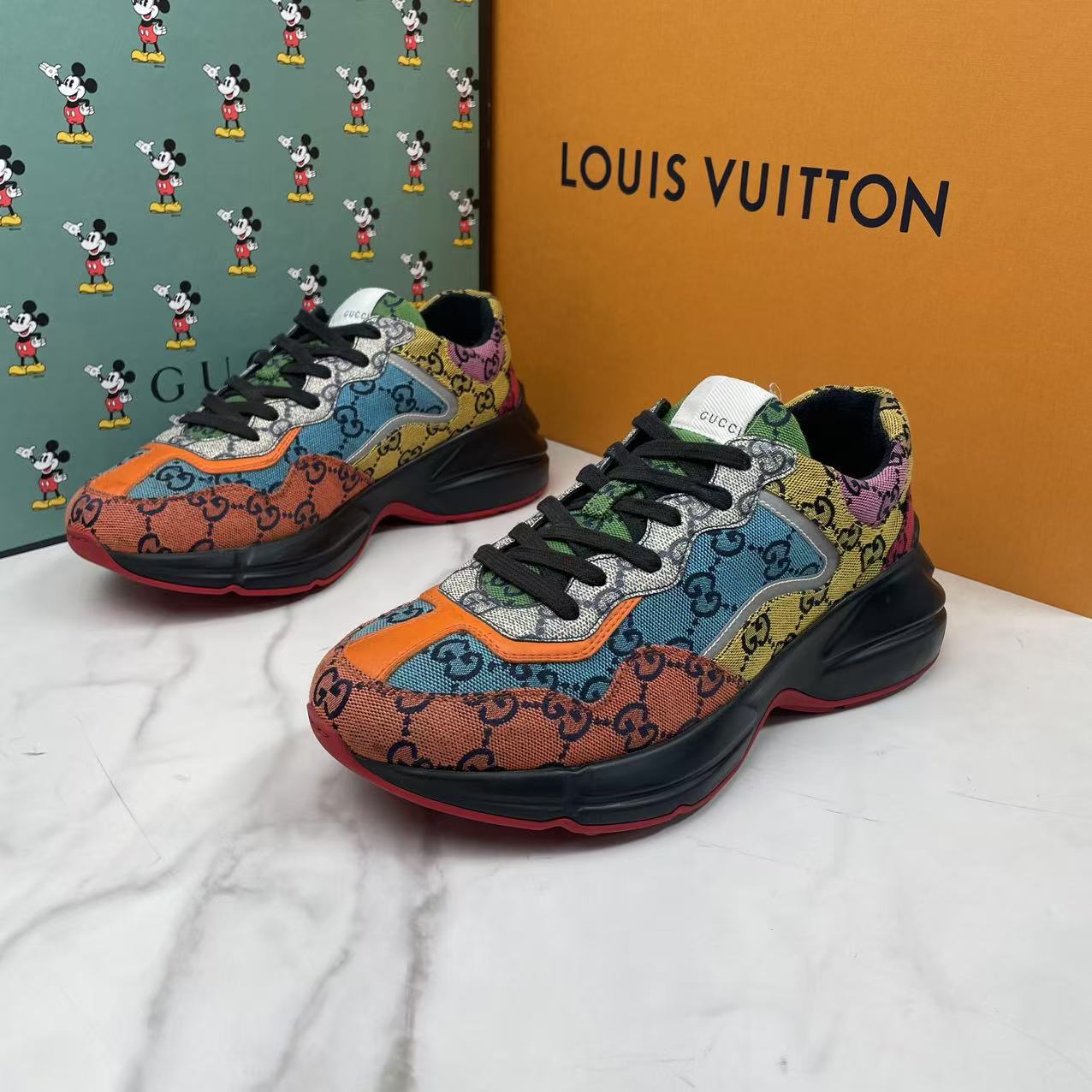 95新 GUCCI/古驰 彩色帆布拼接潮流时尚休闲百搭男士老爹鞋/40码