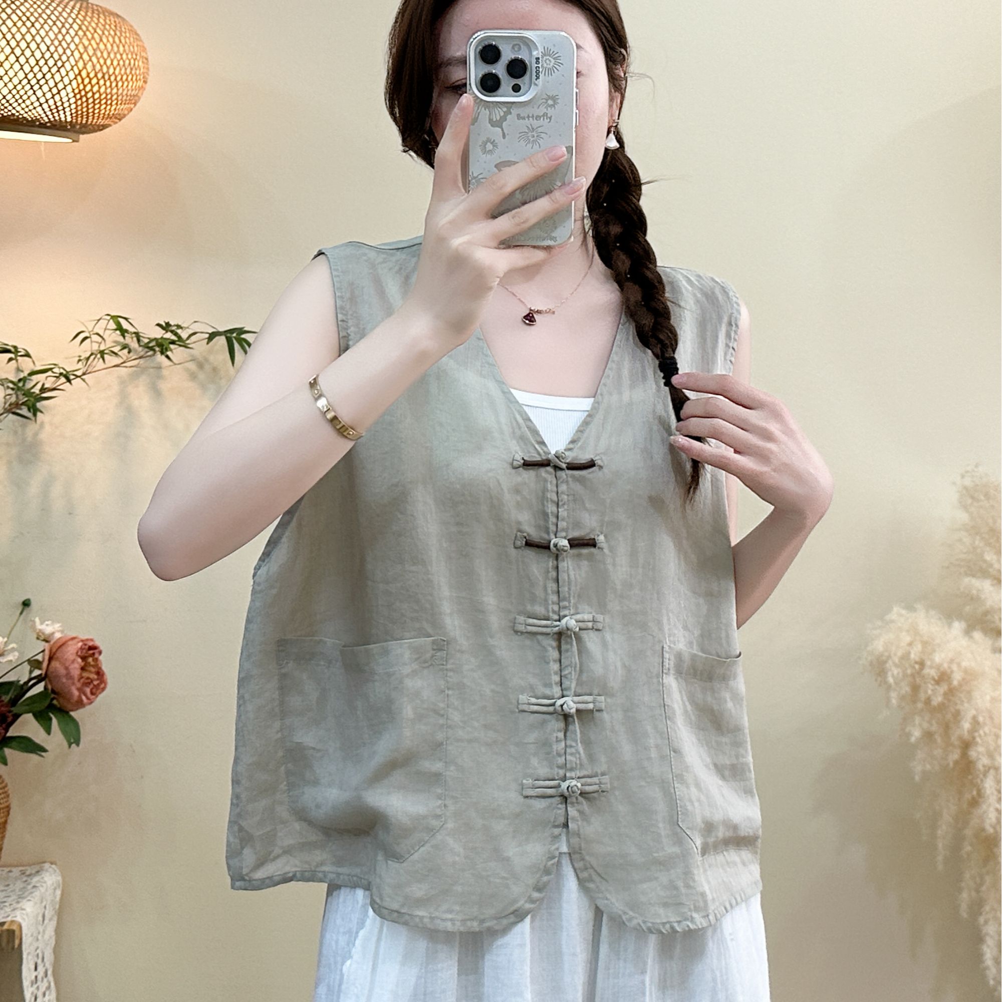 青禾-新中式盘扣苎麻V领无袖背心FE931127