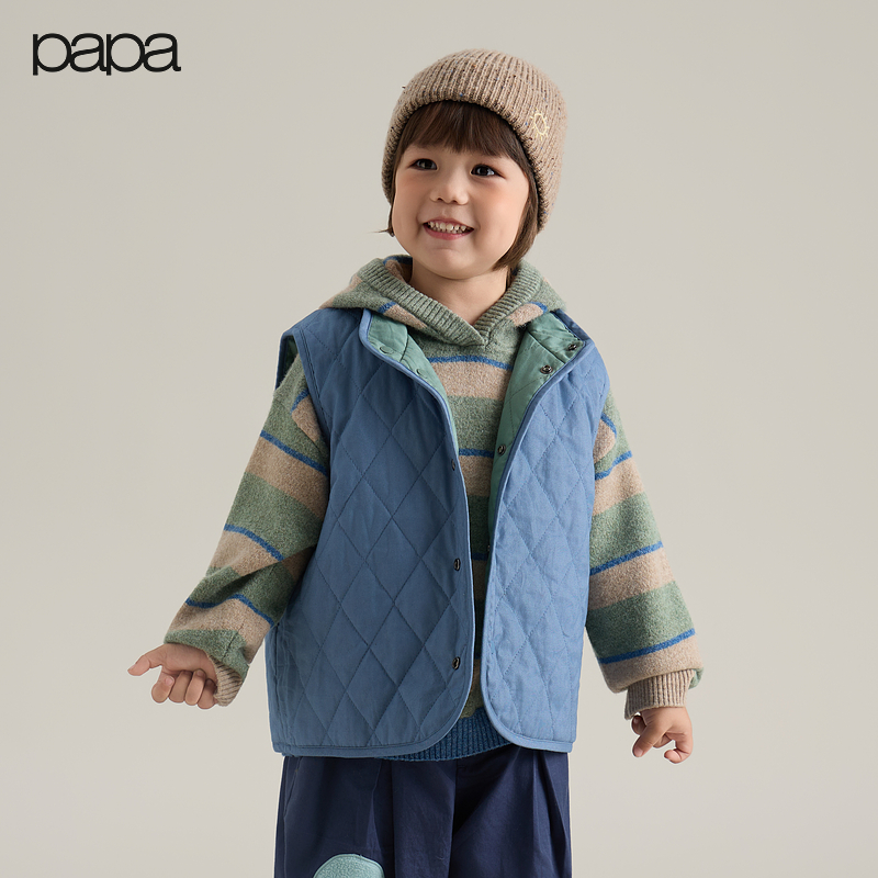 papa爬爬冬季新款时尚保暖儿童斜纹棉布夹棉绗菱格双色两面穿马甲