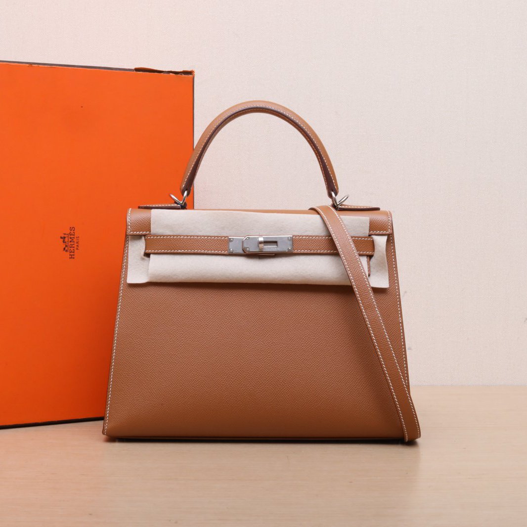 99新 Hermes/爱马仕 小花6枫 Kelly 28 金棕色 Ep皮 Z刻 银扣包