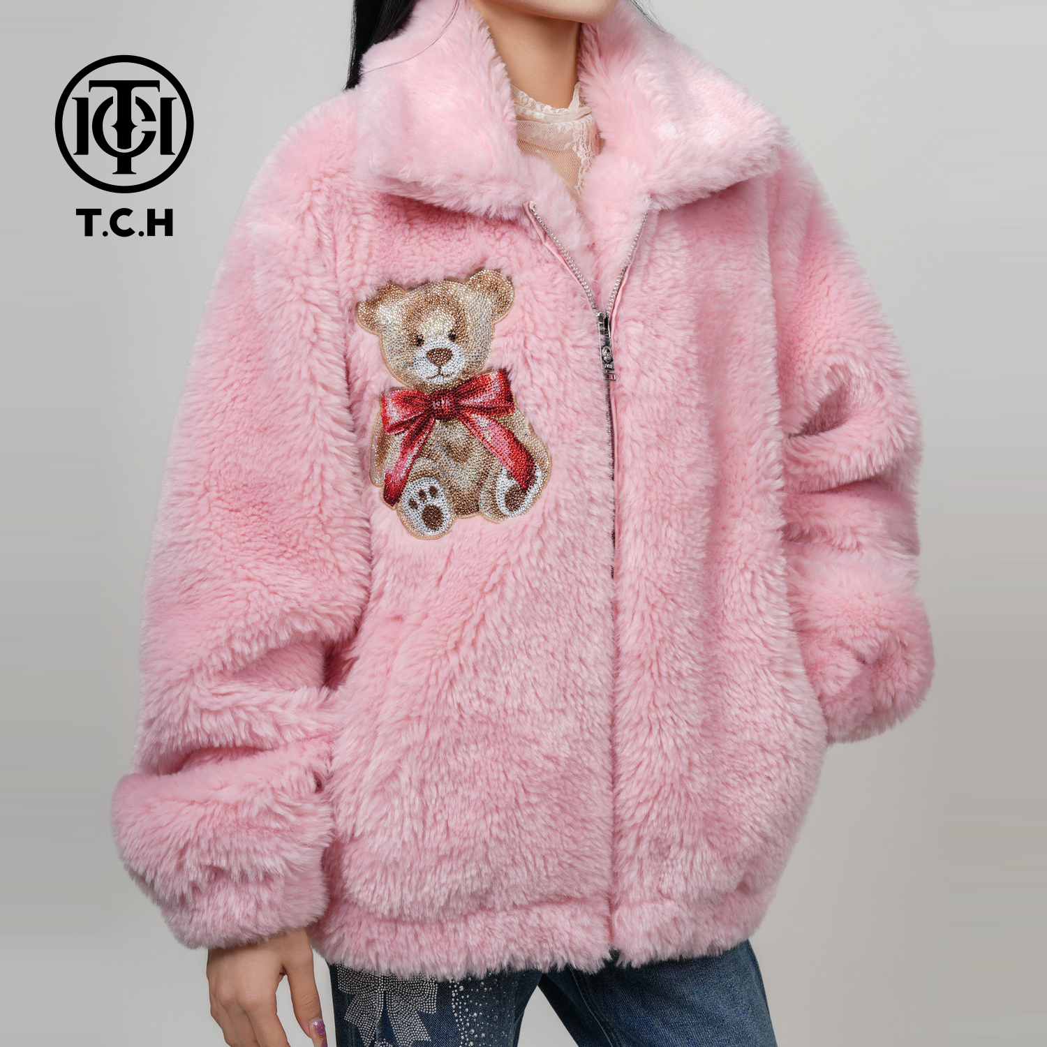 TCH轻奢时尚潮牌烫钻粉色翻领毛毛外套女2025冬季新款T75C27E9009