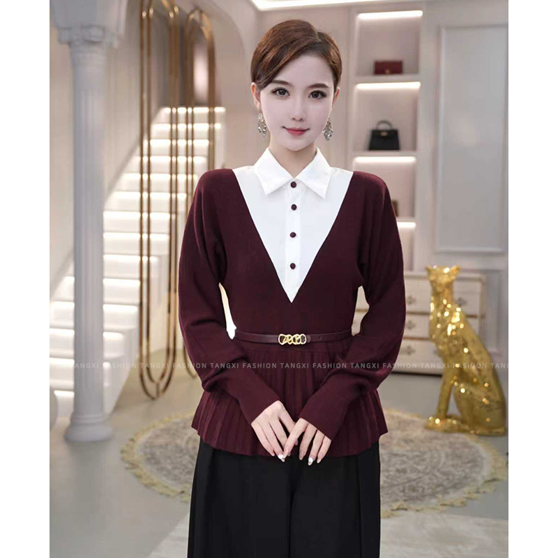 2025秋冬新款【992JR】醋酸天丝羊毛爆款收腰拼接假两件针织上衣女