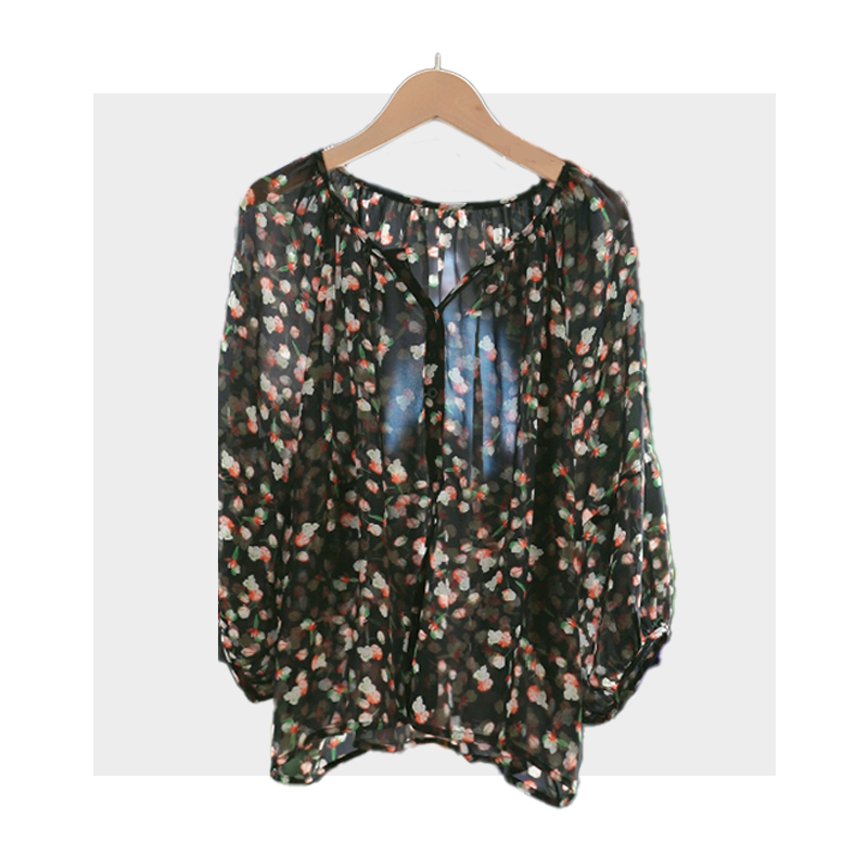 【断码清仓】黑色中袖碎花衬衫上衣A003