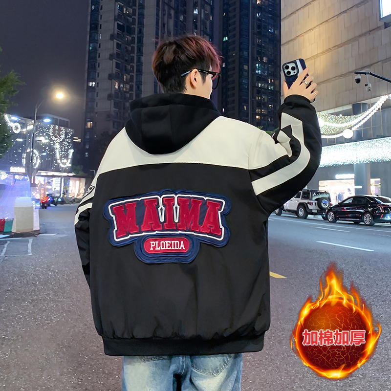 青少年冬装新款时尚潮牌可脱帽外套港风刺绣撞色拼接学生加厚棉服