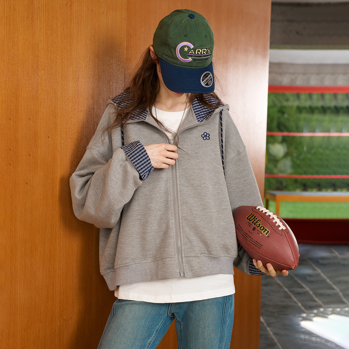 【茉茉专属】美式复古学院风假两件格纹绣花开衫外套AEW3C3F77