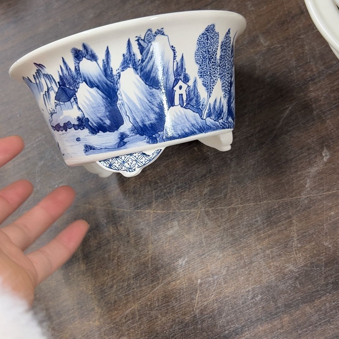 紫砂花盆564号微瑕15/7.5cn仿手绘云足青花圆盆