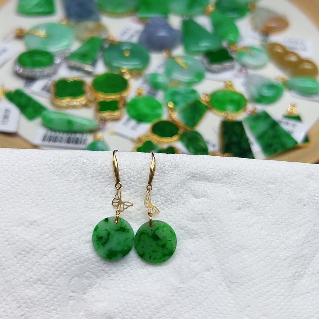 翡翠耳饰18K金镶嵌天然缅料A货一件