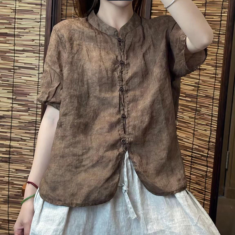 复古苎麻内里包边炒色印花衬衫女新款文艺宽松大码显瘦百搭上衣