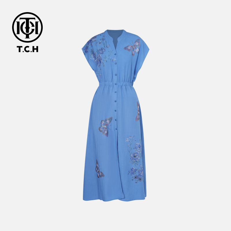 TCH私服烫钻工艺蓝色蝴蝶印花高级感连衣裙女T75B30E5157轻奢tch
