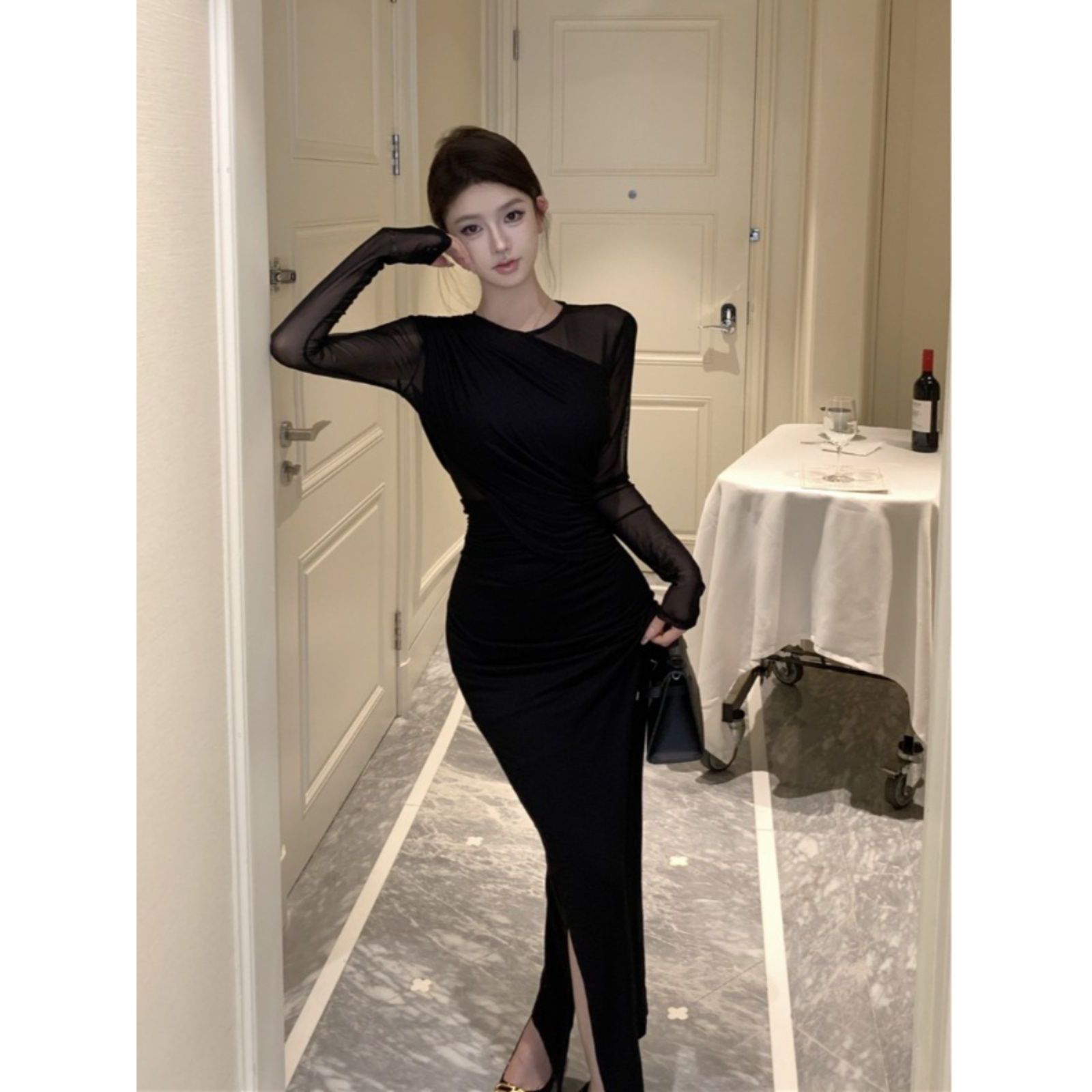 复古性感御姐黑色气质网纱针织连衣裙女秋季收腰显瘦长袖包臀长裙