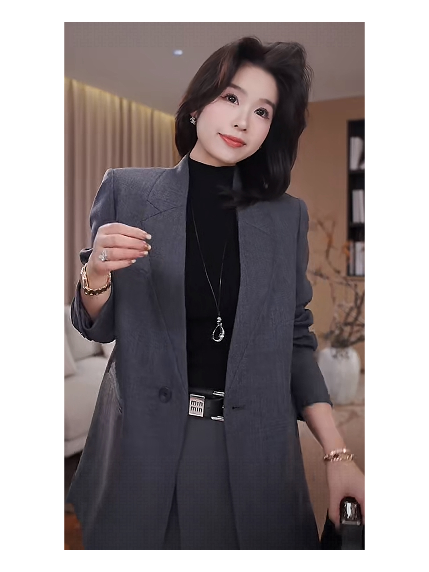 广州琴姐【典雅灰韵】100精纺羊毛极简风显瘦长袖西装外套女士35282
