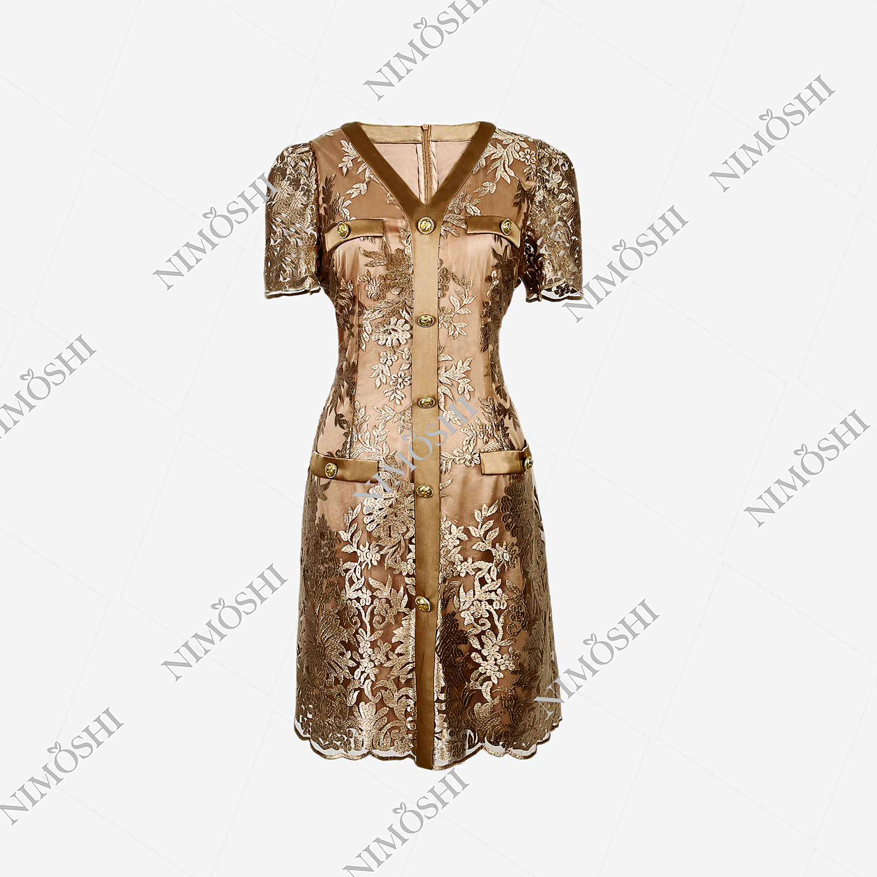 NIMðSHI【莎莎】法式印花刺绣纱双层收腰女气质显瘦款连衣裙女Q1230