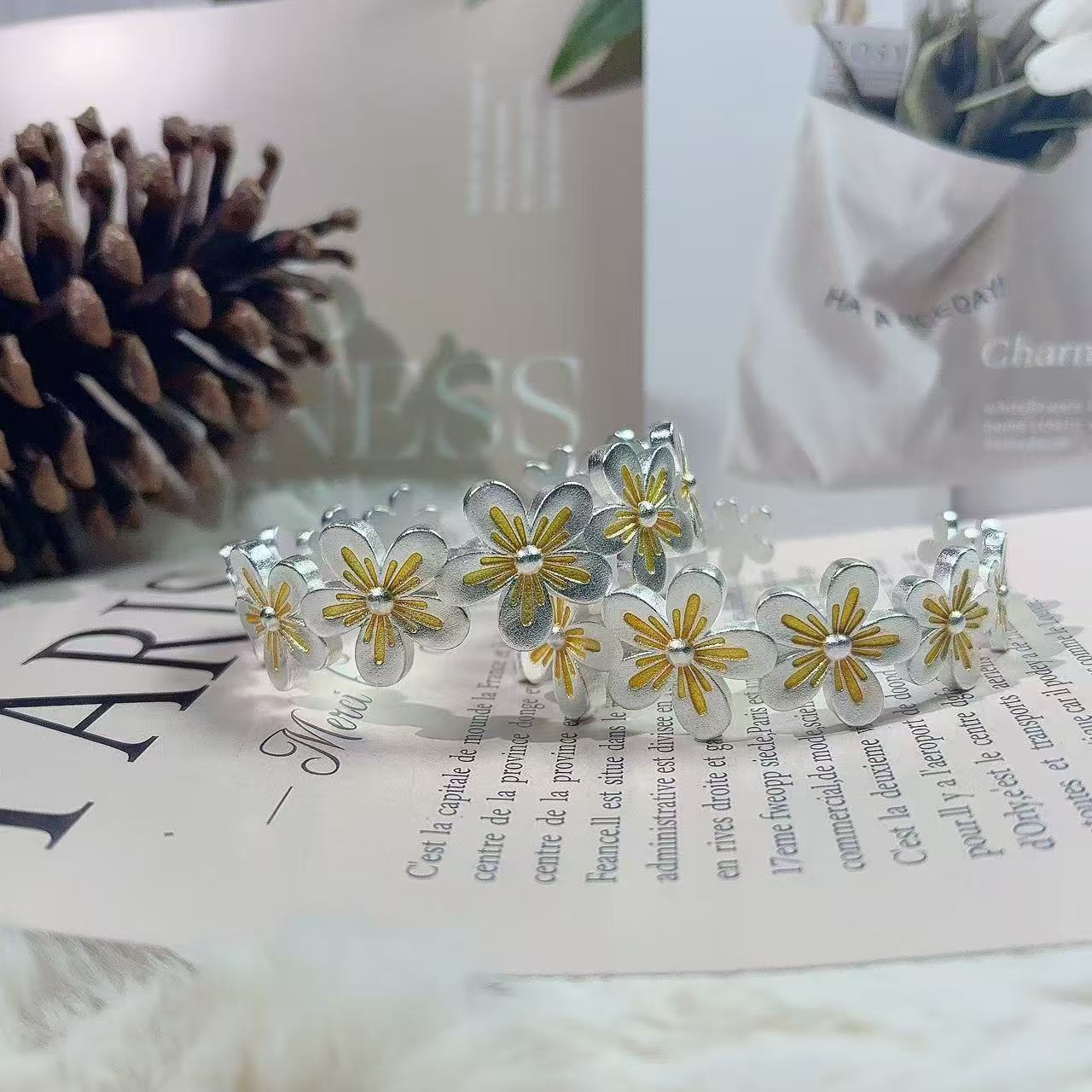 足银手镯 【荃湾银饰】15桃酿春澜手镯足银999.9足银花朵镯轻奢百搭