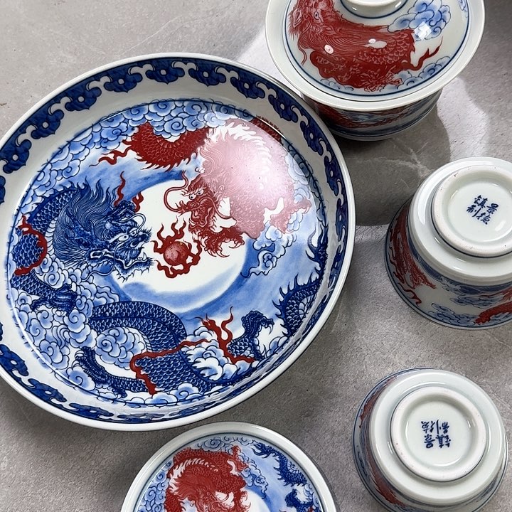 瓷片双龙戏珠5件套景德镇