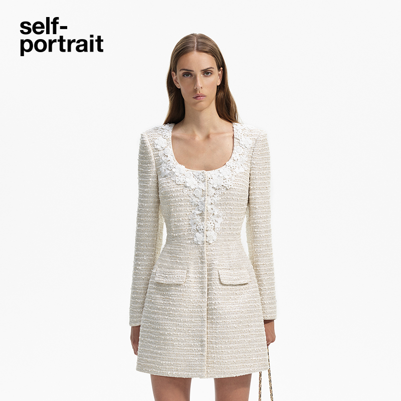 【奥莱】self-portrait 早春象牙白卢勒克斯编织U领长袖连衣裙