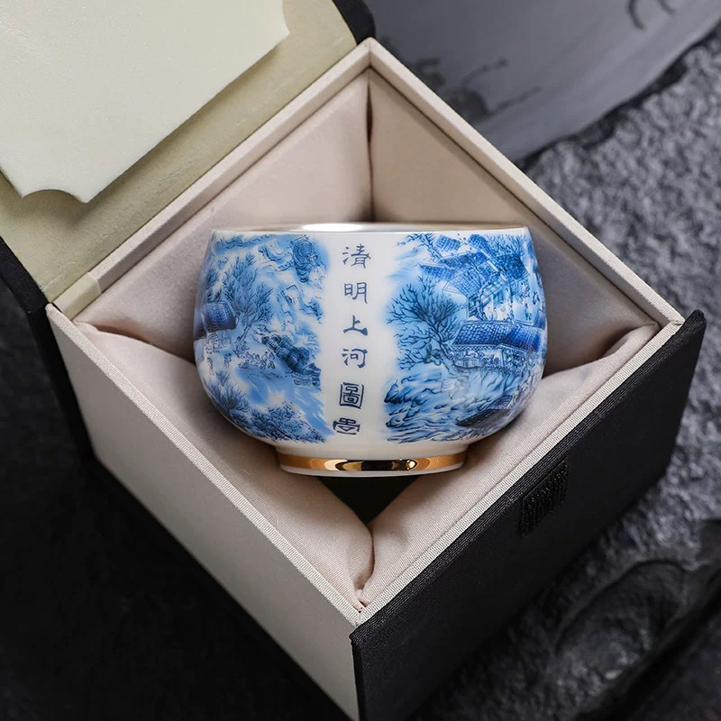 清明上河图鎏银茶杯高端茶具功夫茶杯主人杯单杯陶瓷茶盏鎏银工艺