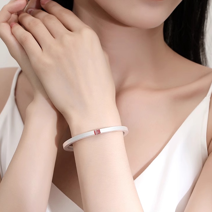 足银手镯 老鳯银楼四方福字手镯新中式纯银999开口镯送女生礼物