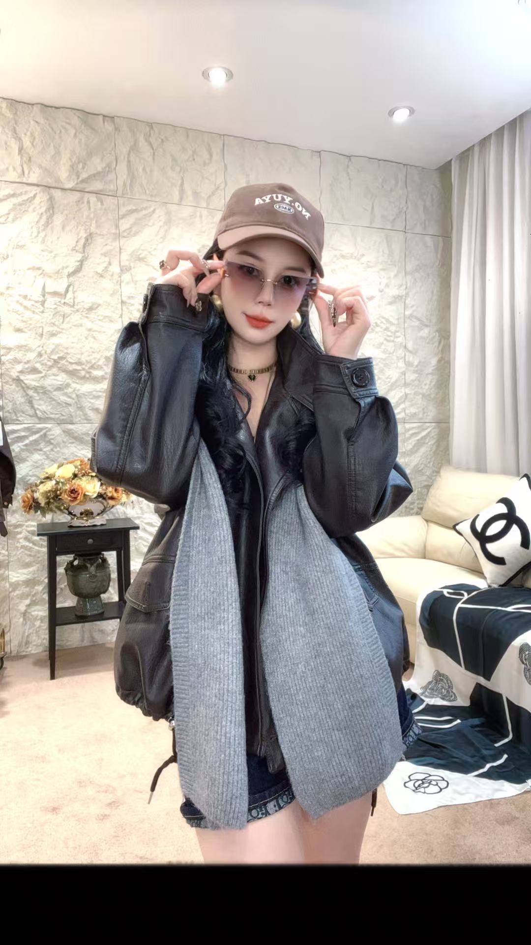 立领标准秋季厚款翻领少女风皮衣披肩牛仔气质休闲秋冬Q5JC8648