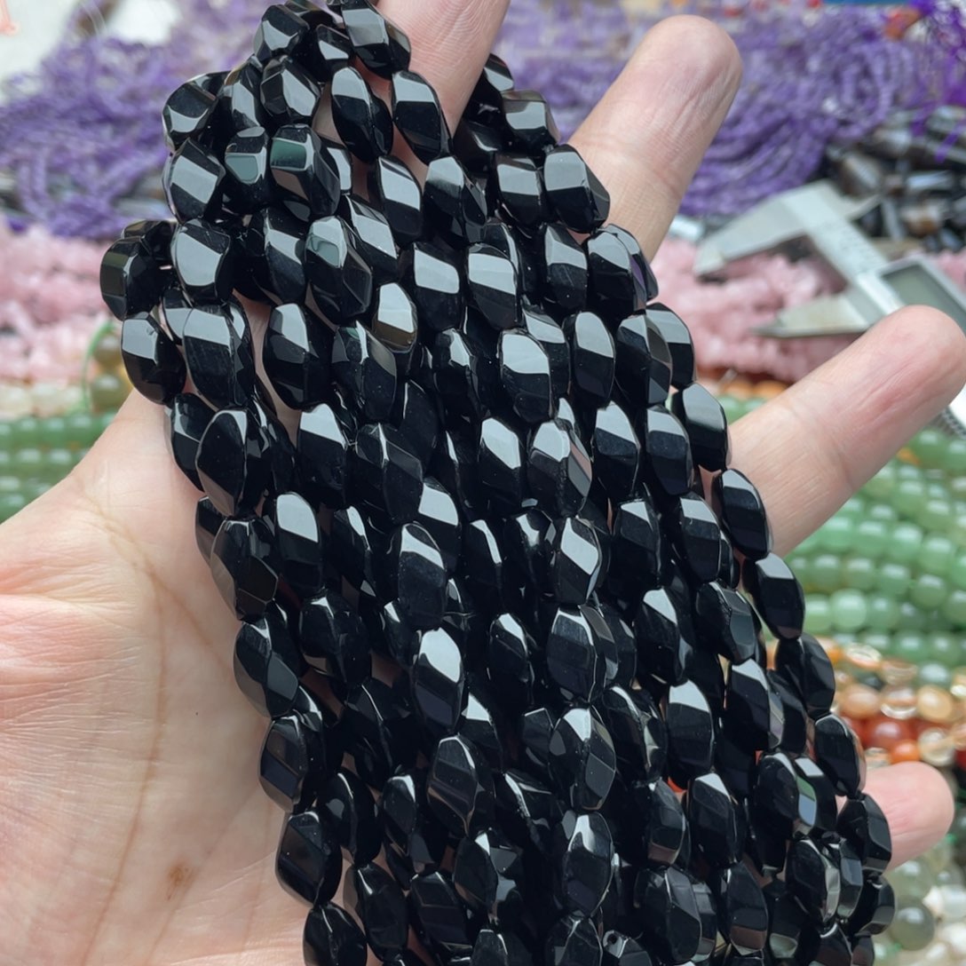 玛瑙/玉髓珠宝半成品未镶嵌一条装6*12黑玛瑙切面纽珠