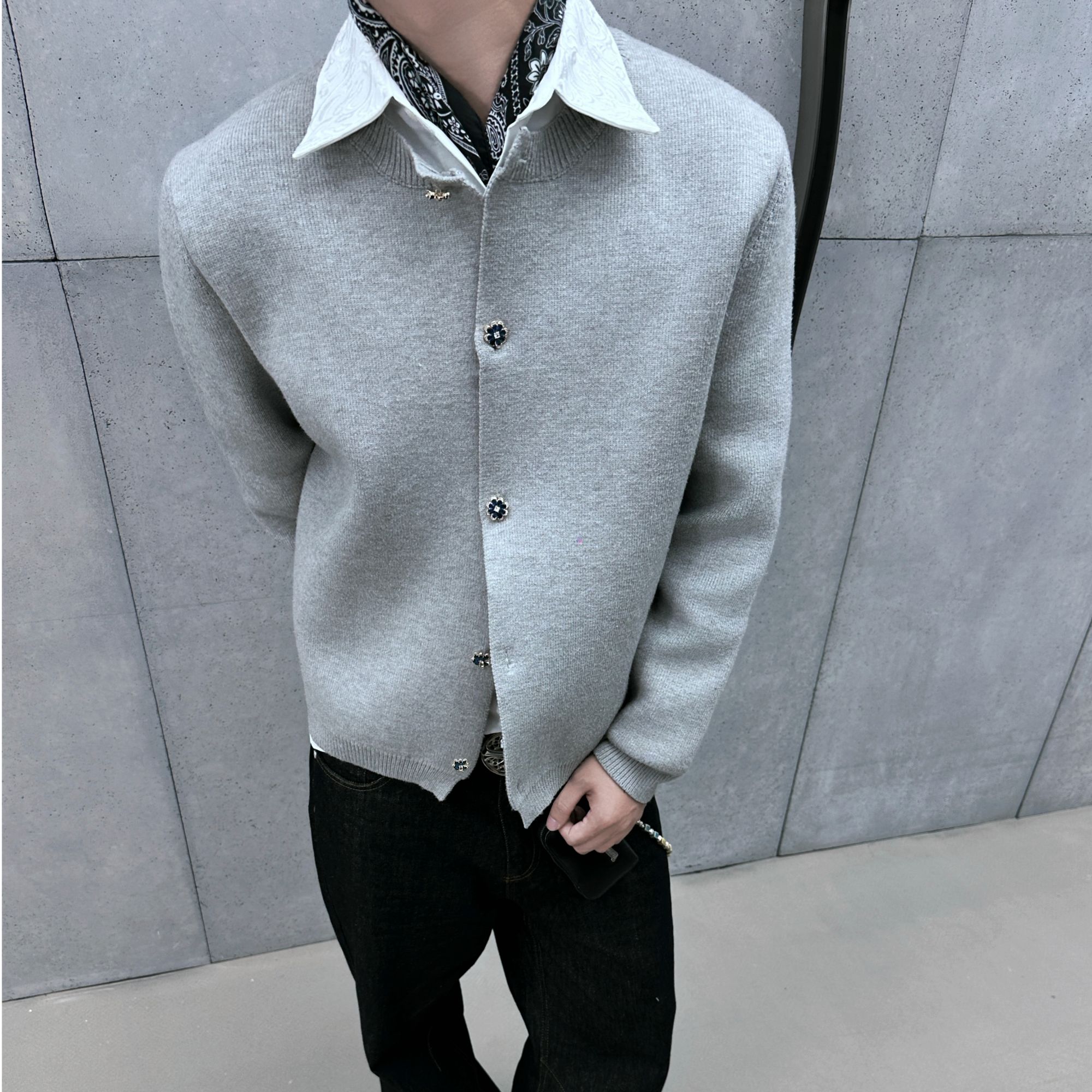 K12 25秋冬格雷miu系蓝宝石针织棒球领开衫纯色毛衣休闲外套男女
