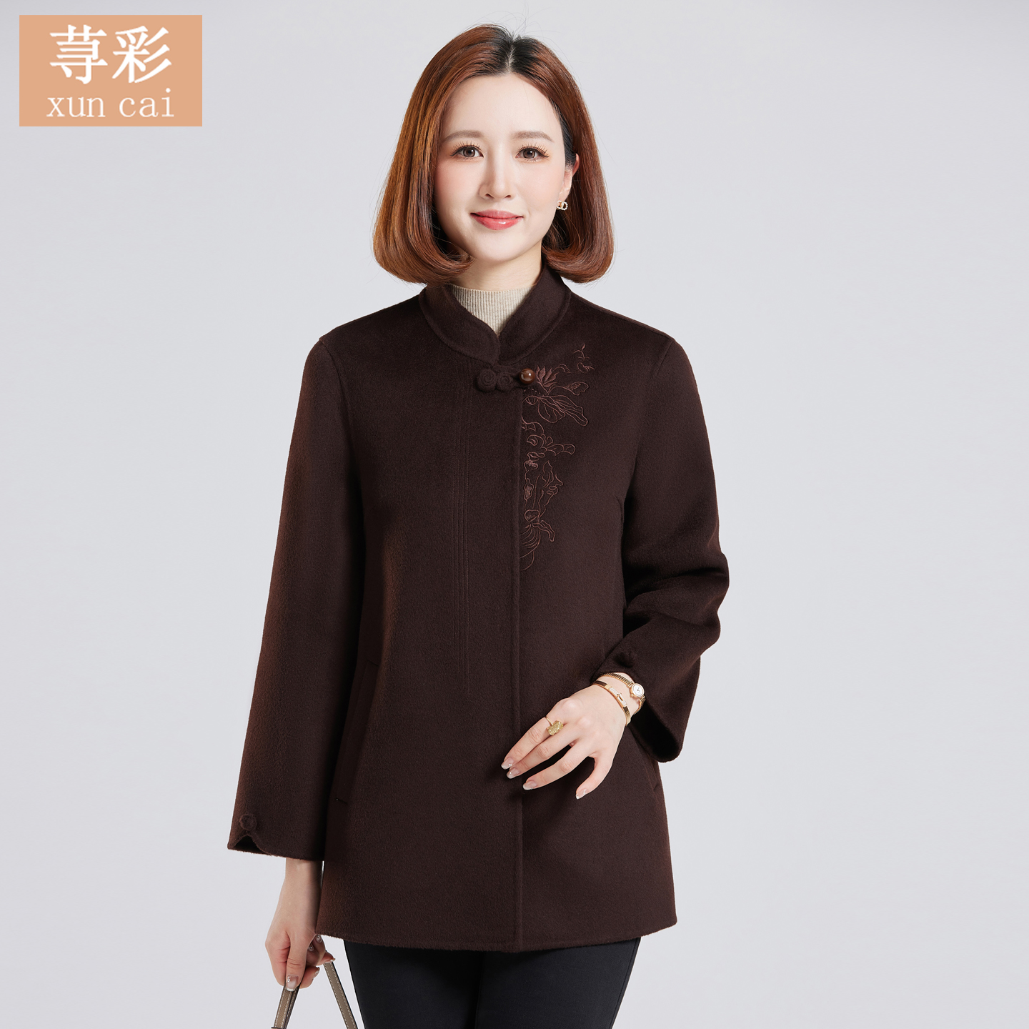 中老年女装短款双面羊毛大衣时尚毛呢外套上衣宽松双面秋冬双面呢