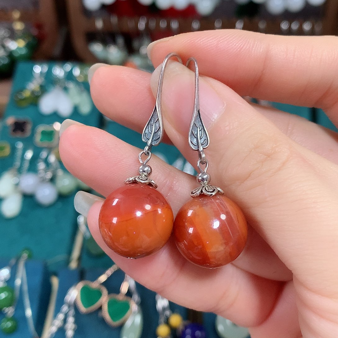 南红玛瑙耳饰银S925镶嵌15mm