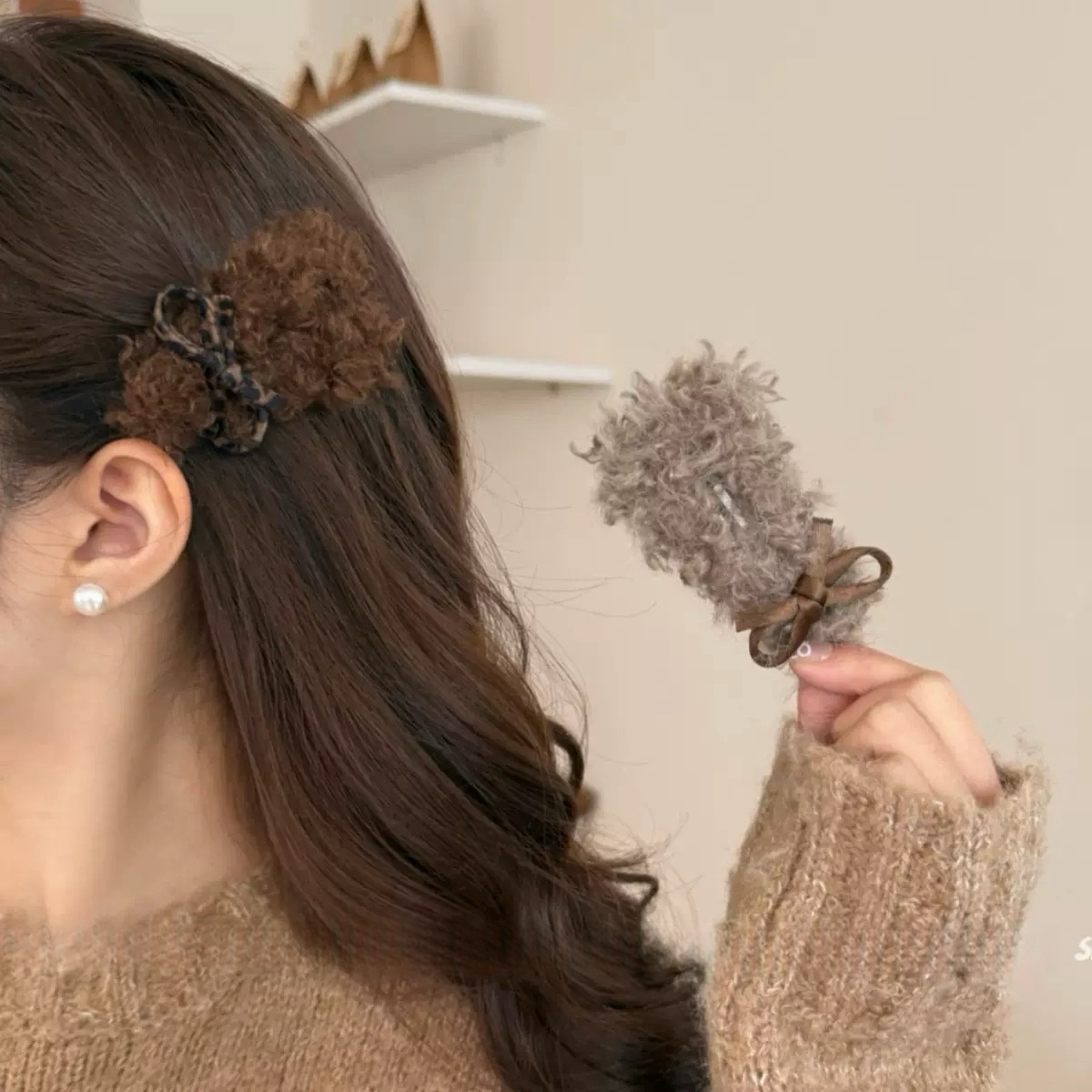 秋冬新款甜酷风羊羔毛蝴蝶结网红复古BB夹发夹侧边夹ins发饰