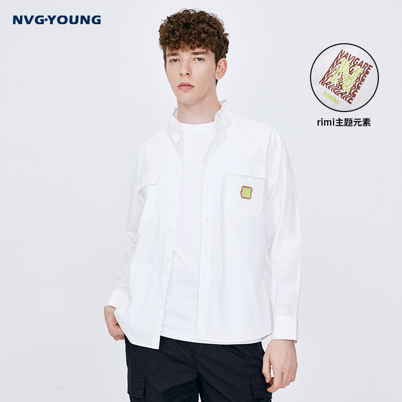 NVG·YOUNG休闲意大利小帆船白色长袖衬衫外套男春季潮流宽松衬衣