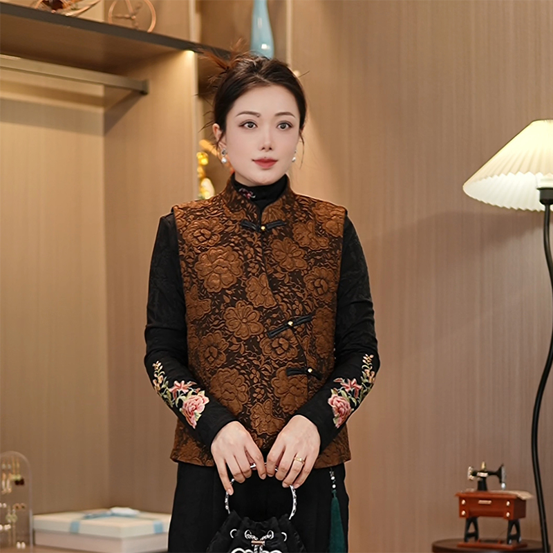 新中式国风加棉加厚马甲秋冬季女士织花妈妈装休闲马夹