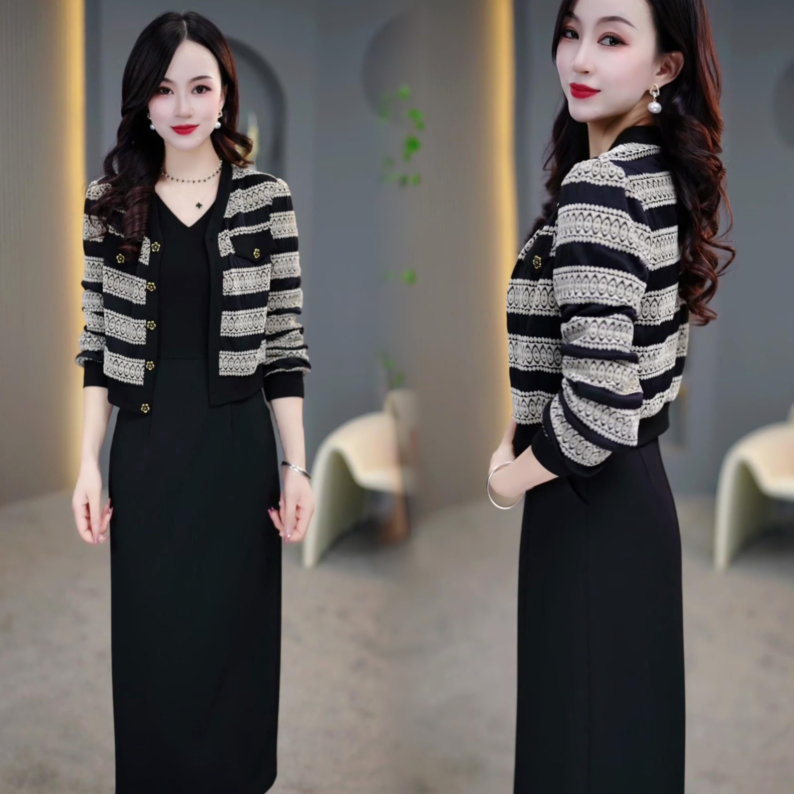 2024初秋季收腰时尚气质原创设计条纹外搭+中长款连衣裙两件套