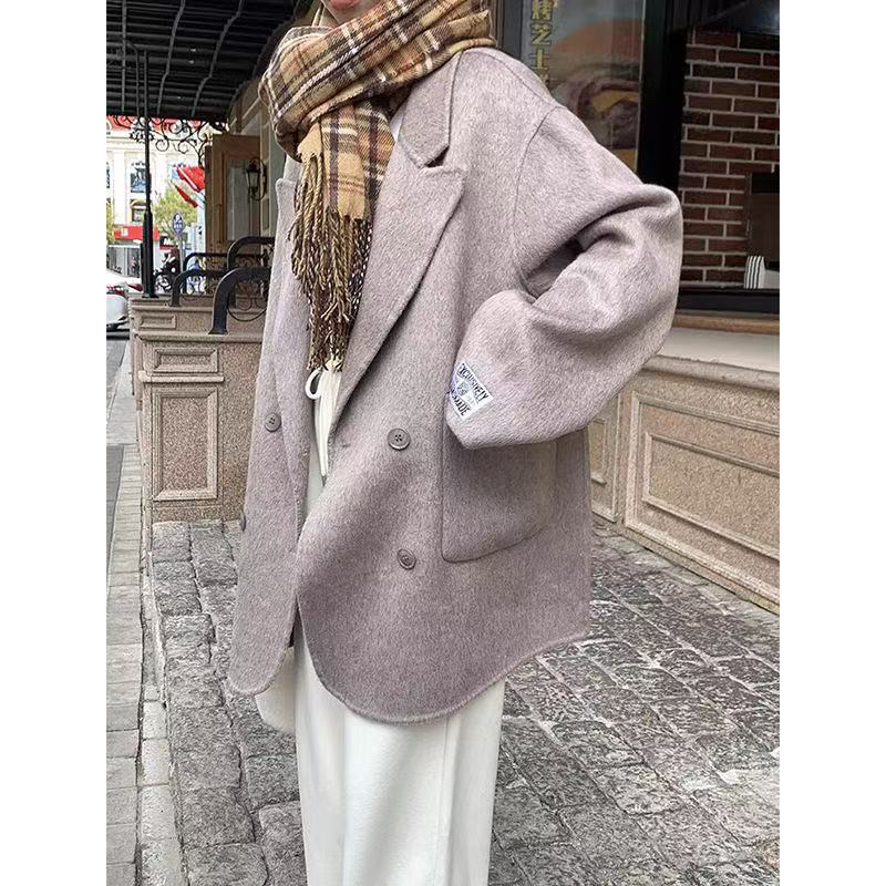 600-800秋冬款单面呢外套宽松灰色气质通勤百搭毛呢大衣