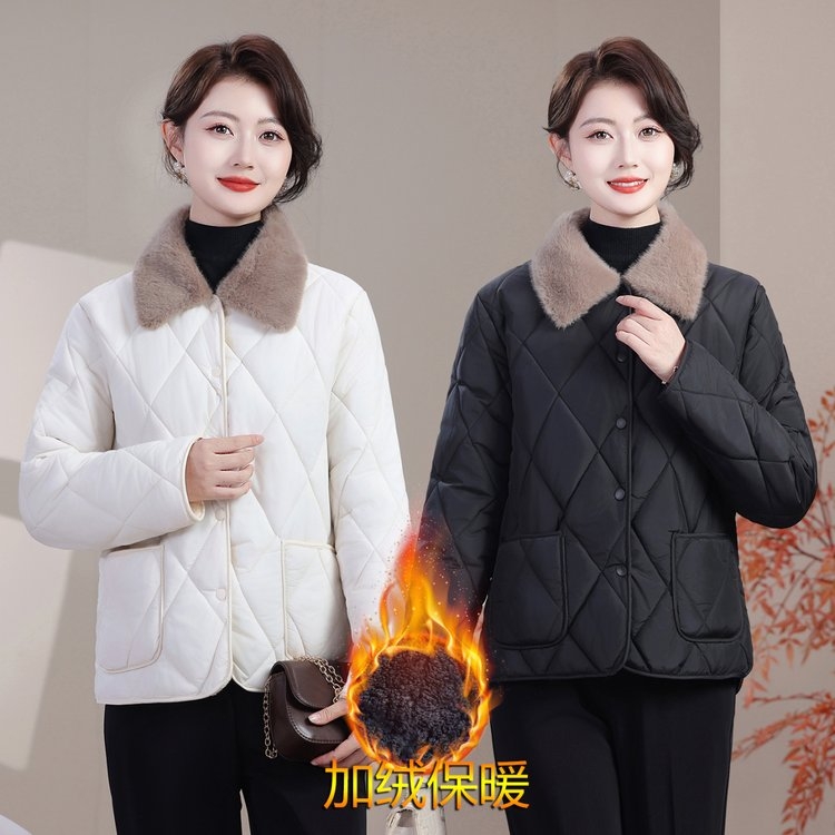 妈妈秋冬装棉衣外套新款短款棉袄加厚中老年洋气保暖毛领棉服时尚