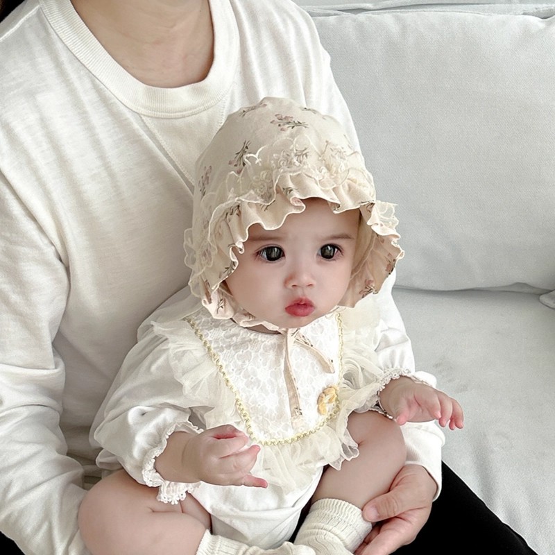 婴儿帽子春秋款女宝宝公主帽蕾丝花边护耳帽婴幼儿遮阳帽外出帽