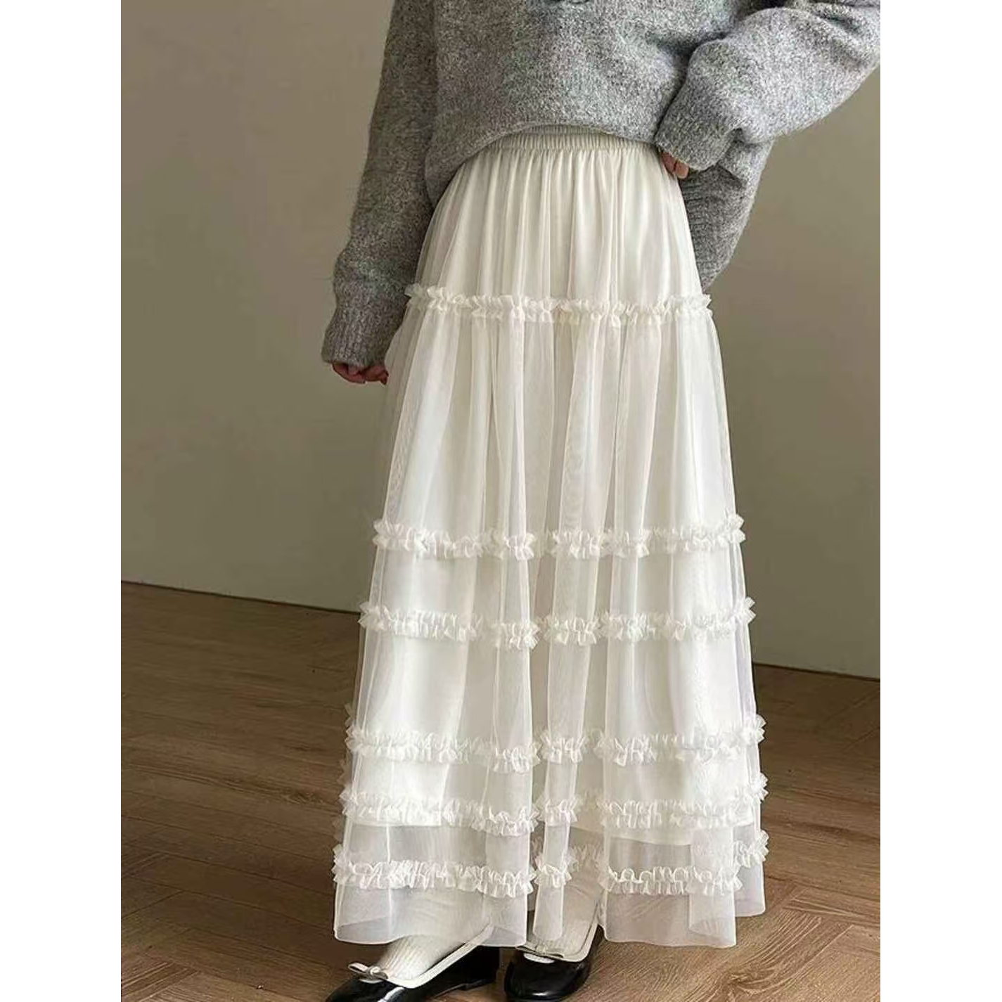木耳边高级感花边网纱半身裙女2025秋冬新款网纱蛋糕大摆蓬蓬长裙