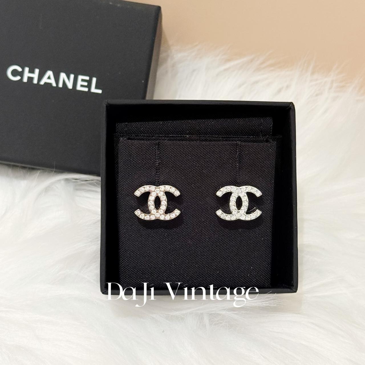 99新 Chanel/香奈儿 大吉中古/银色双c镶钻耳钉