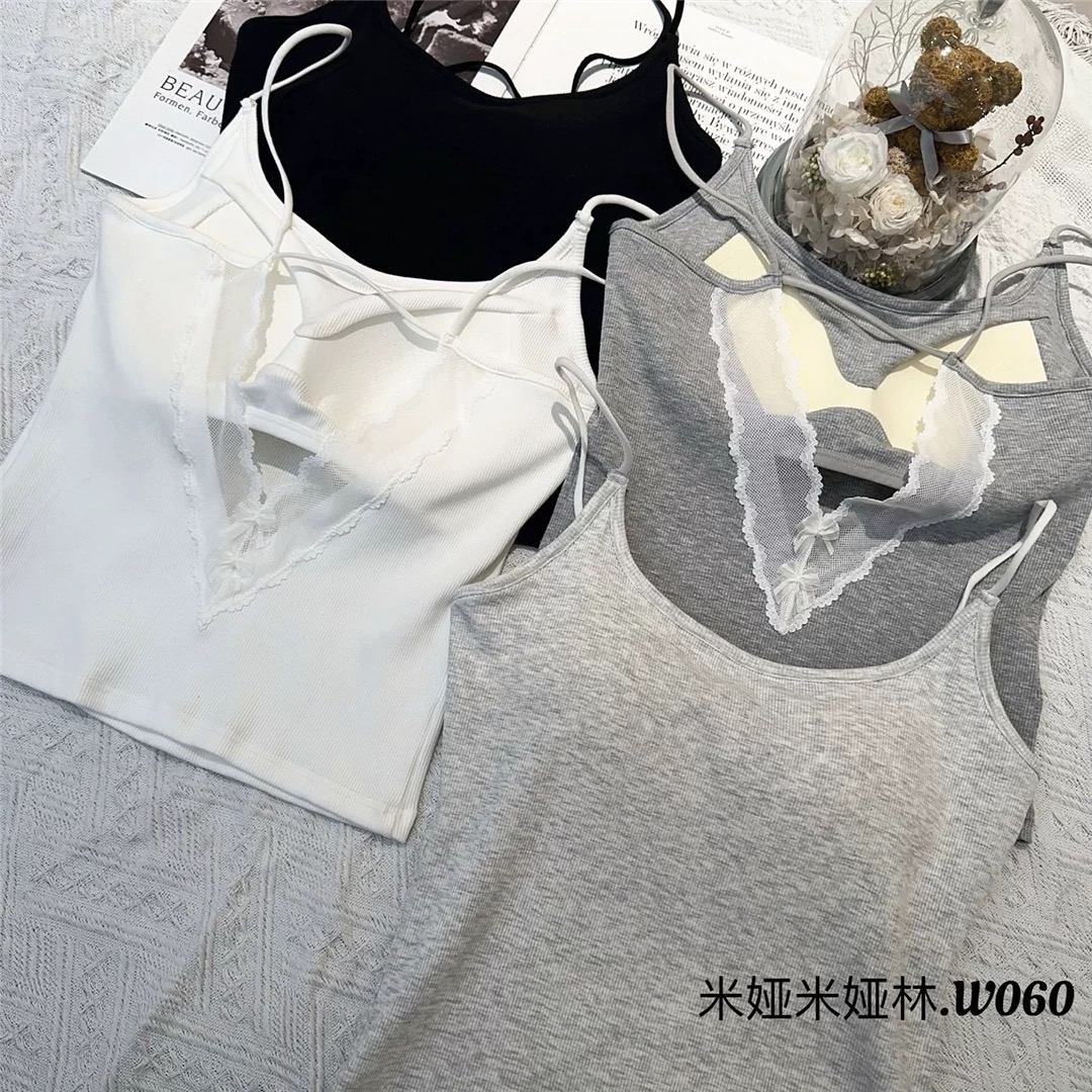镂空美背内衣棉质蕾丝V型吊带背心女固定杯聚拢免文胸抹胸