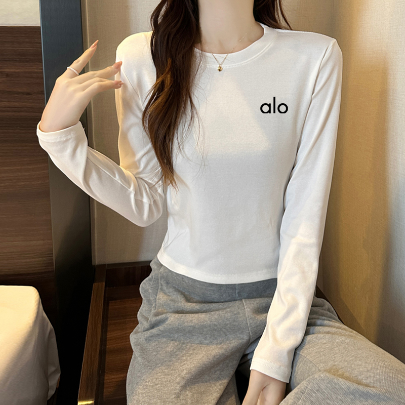 【alo】短款秋冬长袖打底衫女纯色圆领百搭T恤修身显瘦印上衣1601