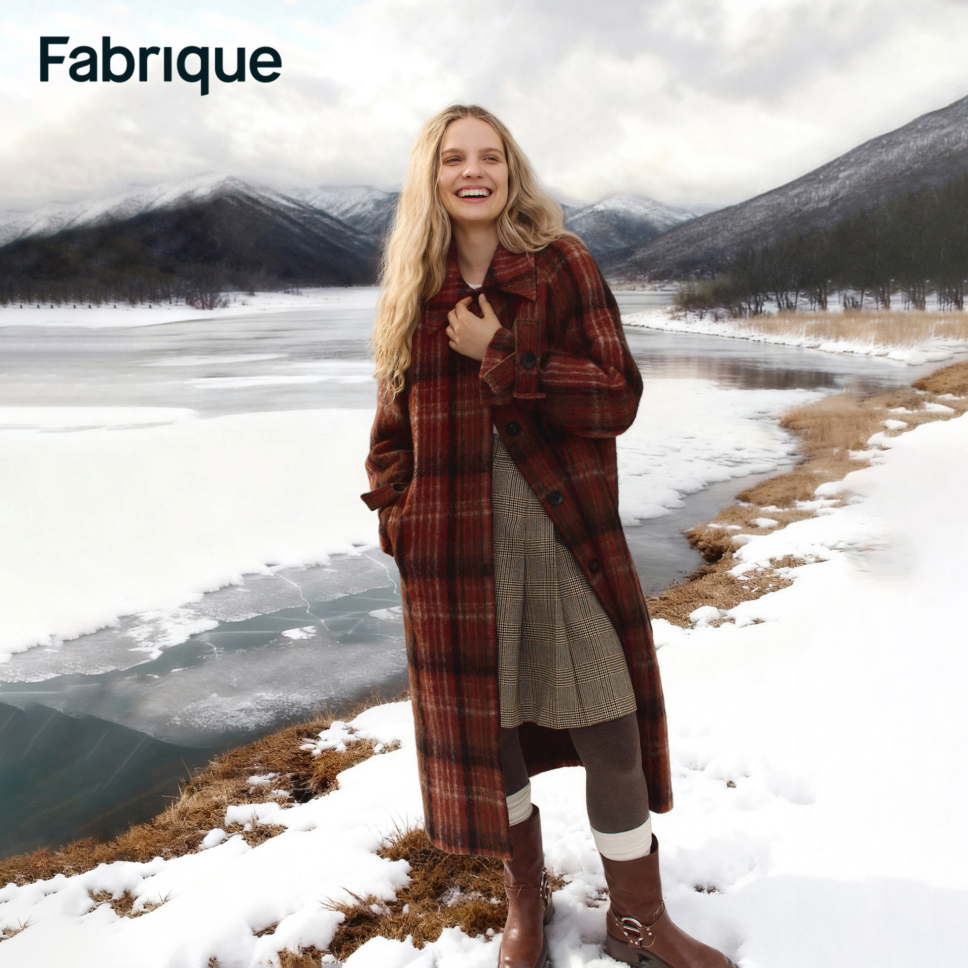 Fabrique Cristha 落日橘棕格纹绵羊毛马海毛翻领微茧型长款大衣