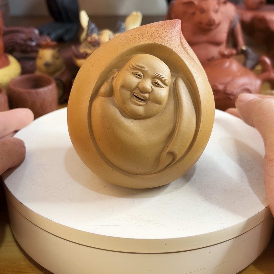 紫砂茶宠寿桃佛小雕塑