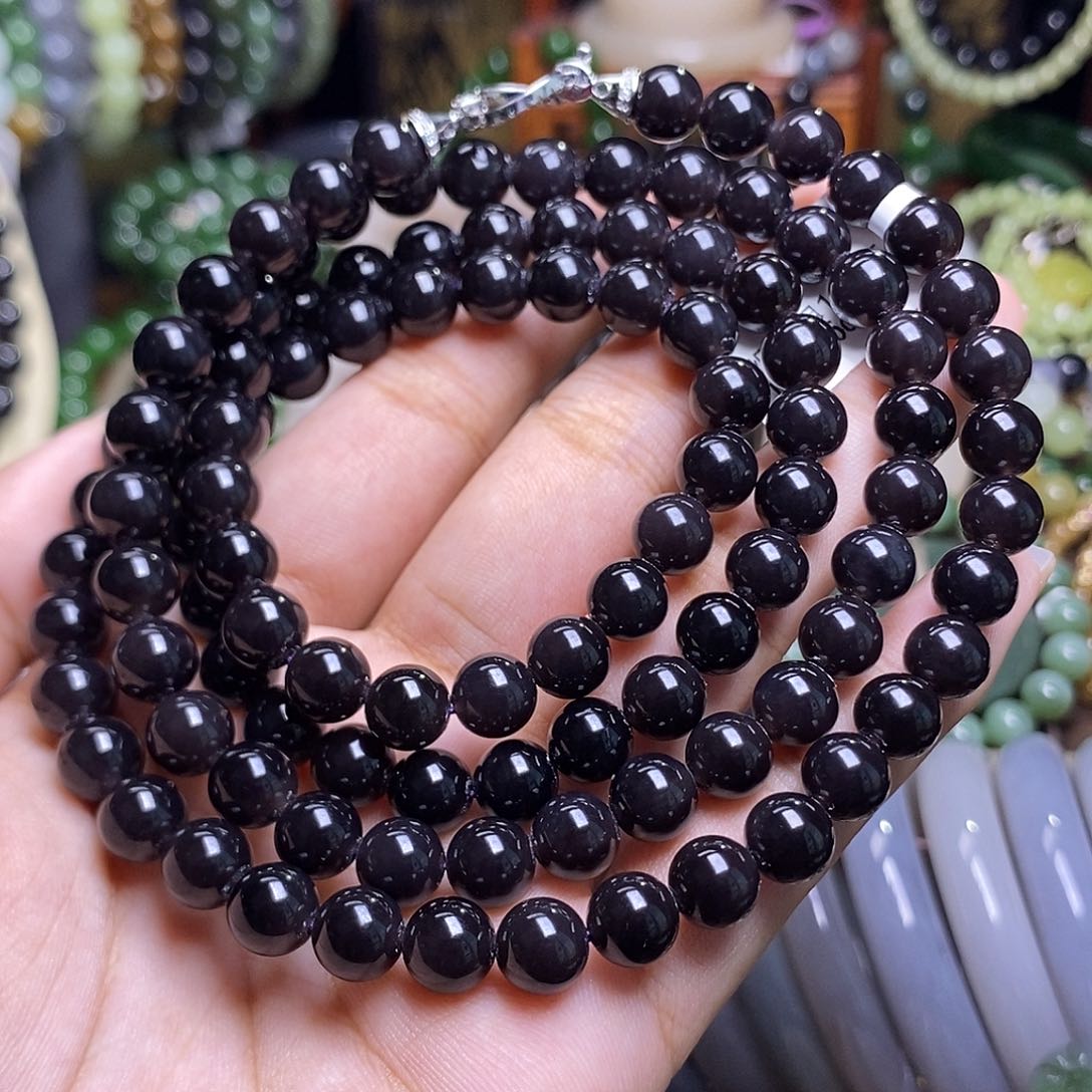 和田玉未镶嵌收藏浓烟紫帝王紫108约8mm