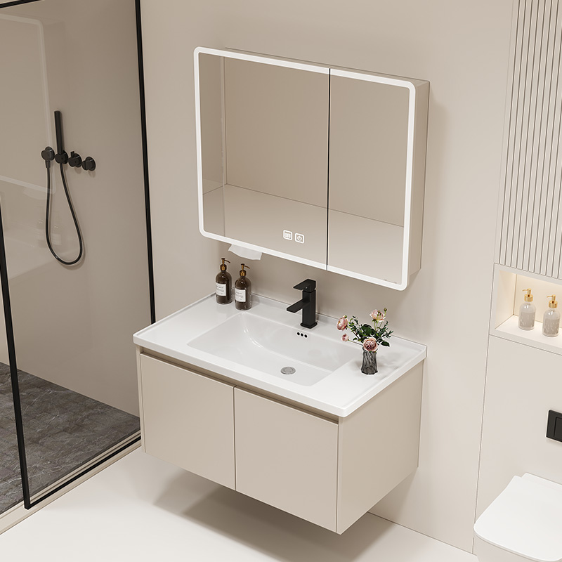 东腾卫浴浴室柜全封镜平板门奶咖色奶油风组合洗漱台组合柜一体盆