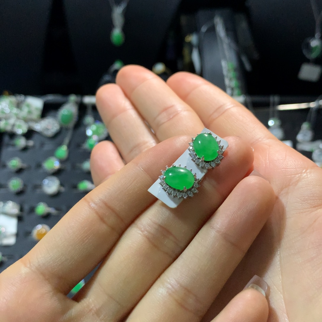 翡翠戒指银S925镶嵌耳钉