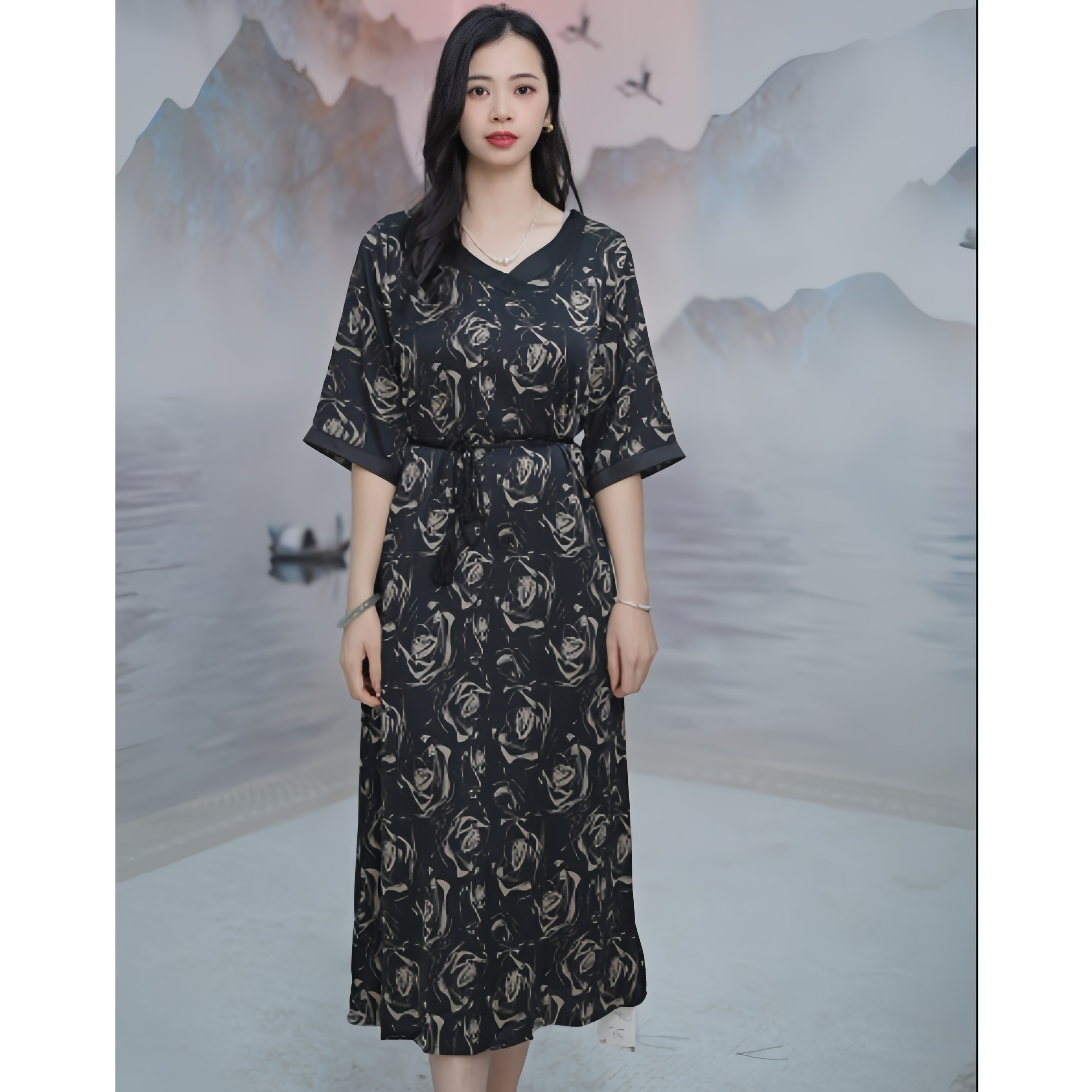 7120  法式赫本风玫瑰印花高级感V领显瘦国风女装连衣裙