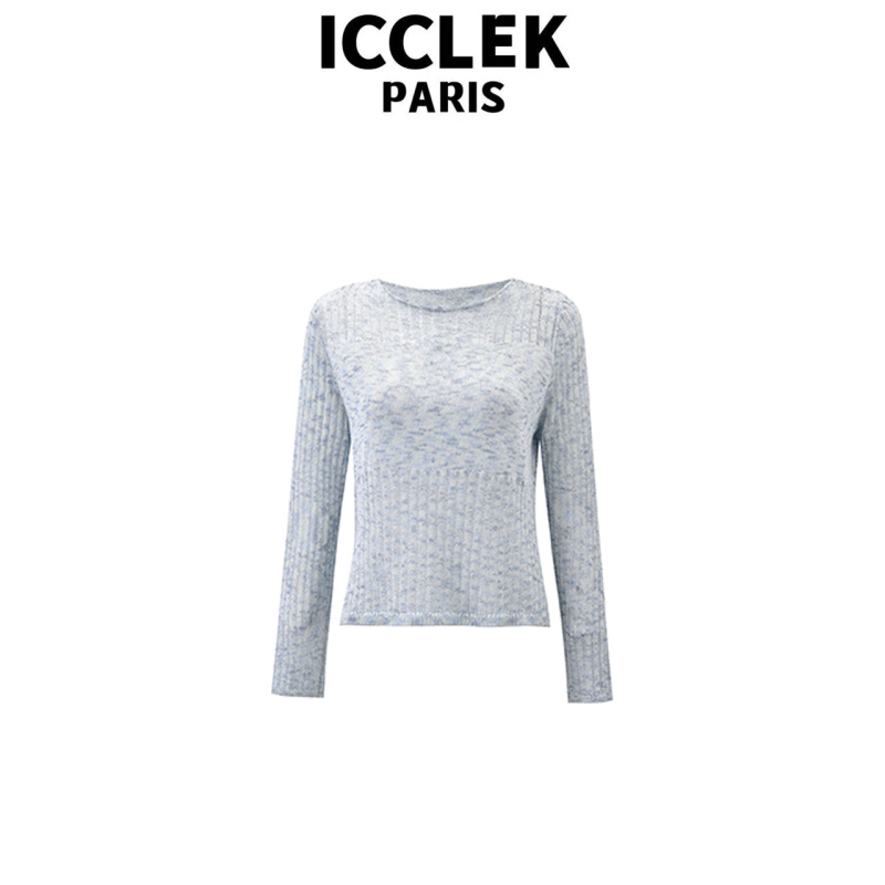 ICCLEK 蓝色圆领长袖薄款针织衫减龄显瘦百搭气质时尚上衣 - 7078